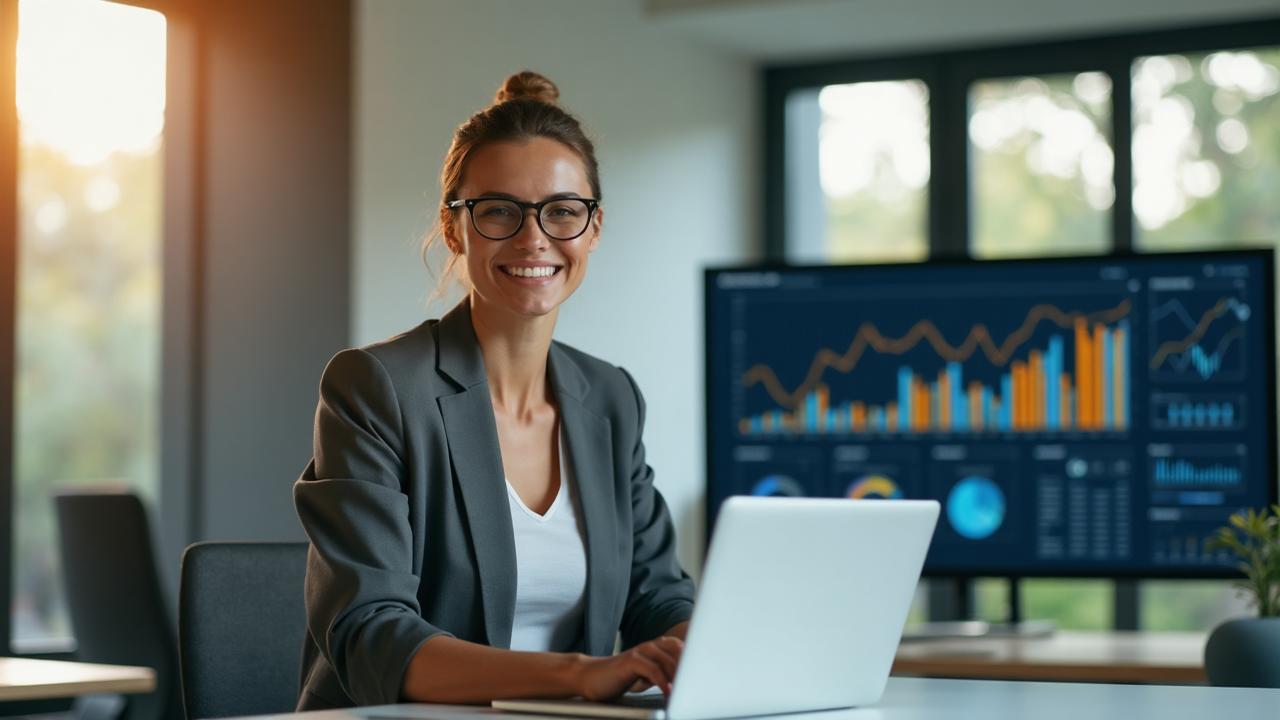 Professional business consultant working on laptop with data analytics